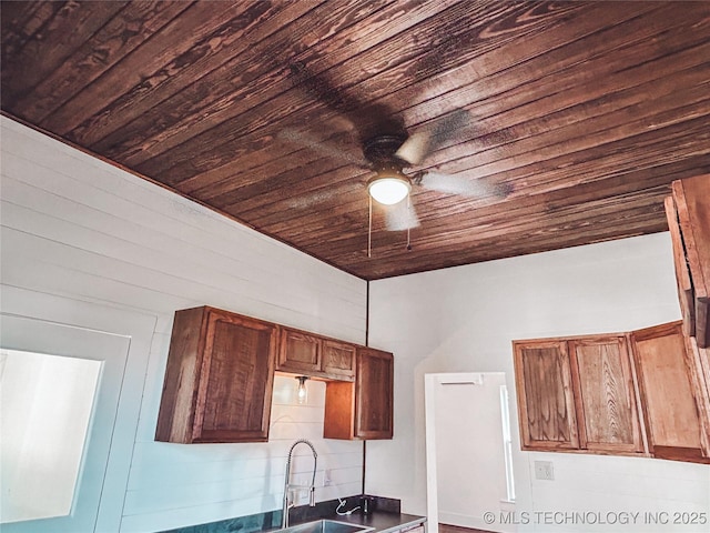 216 Belt Ave, Eufaula, OK 74432 - kitchen view of wooden ceiling, ceiling fan, and dark countertops