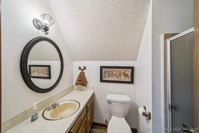 205 Woods Dr, Bernice, OK 74331 - bathroom with lofted ceiling, a textured ceiling, vanity, toilet, and a shower with door