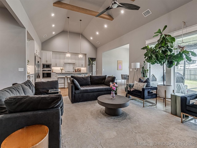 13606 S 21st Pl E, Bixby, OK 74008 - living area with ceiling fan, high vaulted ceiling, and recessed lighting