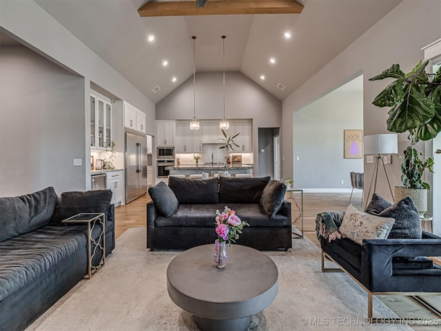 13606 S 21st Pl E, Bixby, OK 74008 - living room featuring high vaulted ceiling, recessed lighting, and light wood-style flooring