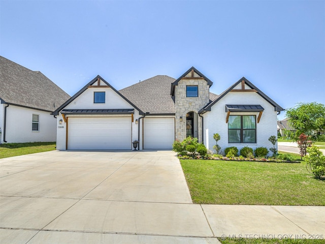 13606 S 21st Pl E, Bixby, OK 74008 - view of front facade featuring a front lawn, a garage, driveway, brick siding, and stone siding