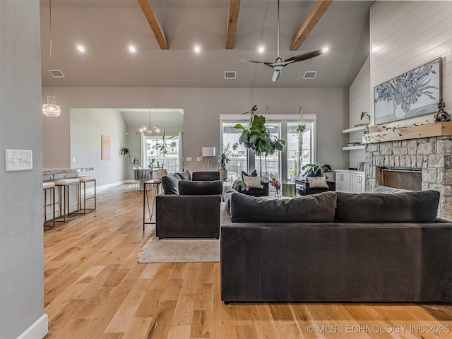 13606 S 21st Pl E, Bixby, OK 74008 - living area with high vaulted ceiling, healthy amount of natural light, a fireplace, ceiling fan, and beam ceiling