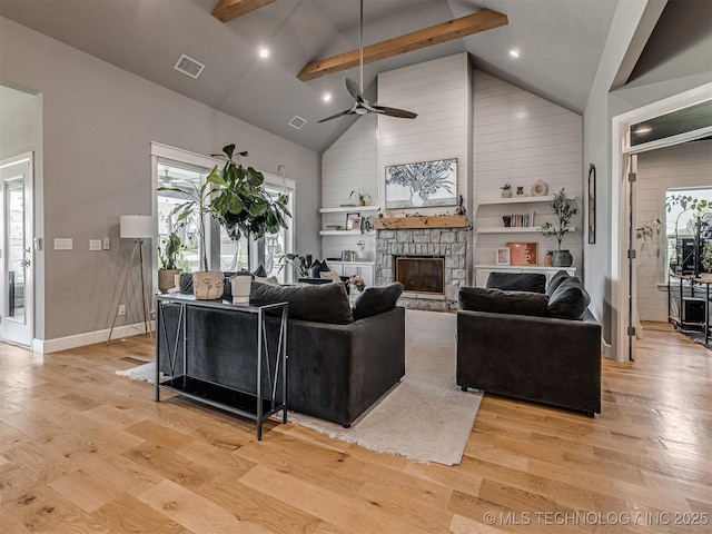 13606 S 21st Pl E, Bixby, OK 74008 - living room with light wood finished floors, ceiling fan, beam ceiling, a fireplace, and high vaulted ceiling