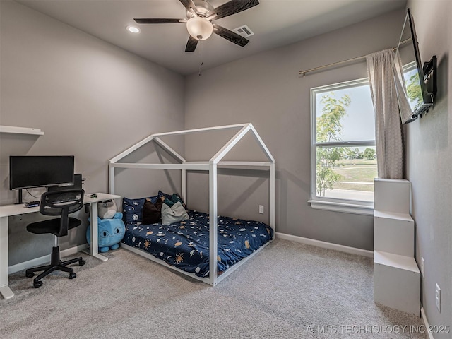 13606 S 21st Pl E, Bixby, OK 74008 - bedroom featuring carpet flooring, baseboards, a desk, a ceiling fan, and recessed lighting