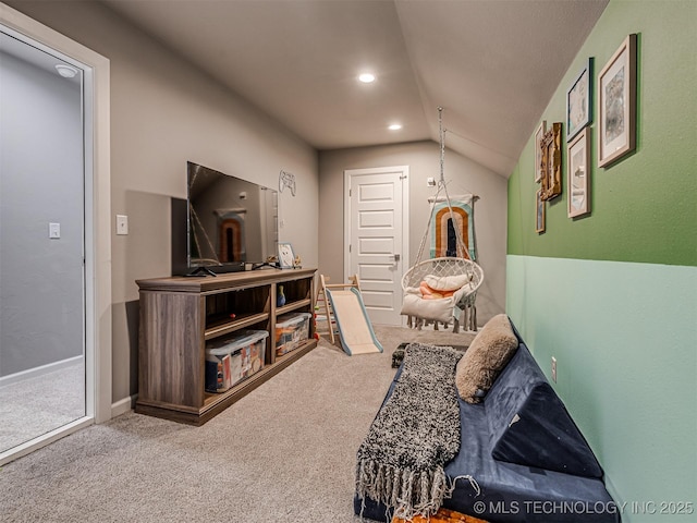 13606 S 21st Pl E, Bixby, OK 74008 - living room with carpet, vaulted ceiling, and recessed lighting