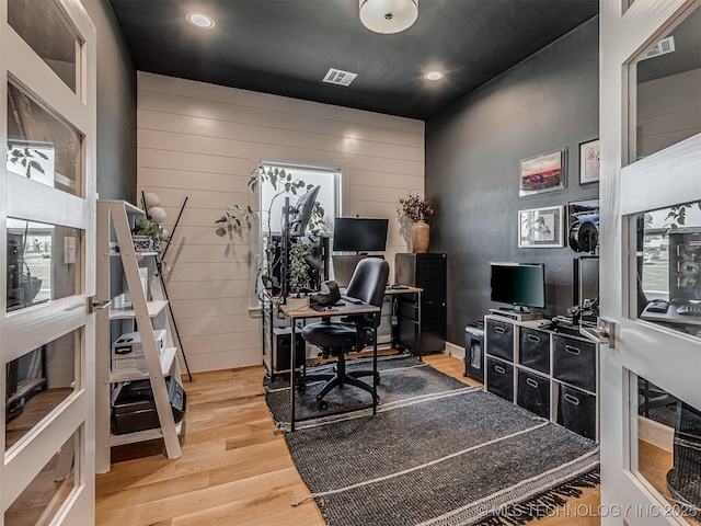 13606 S 21st Pl E, Bixby, OK 74008 - office area featuring wood finished floors, recessed lighting, plenty of natural light, and wood walls