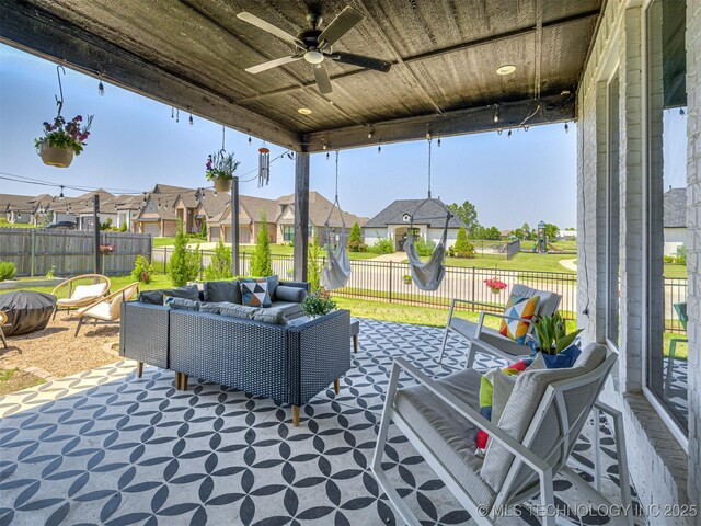 13606 S 21st Pl E, Bixby, OK 74008 - view of patio featuring a residential view, outdoor lounge area, a fenced backyard, and ceiling fan