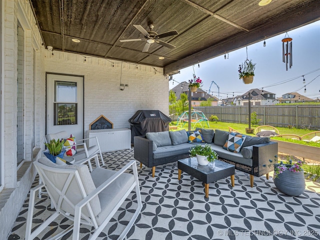 13606 S 21st Pl E, Bixby, OK 74008 - view of patio featuring an outdoor hangout area and a ceiling fan