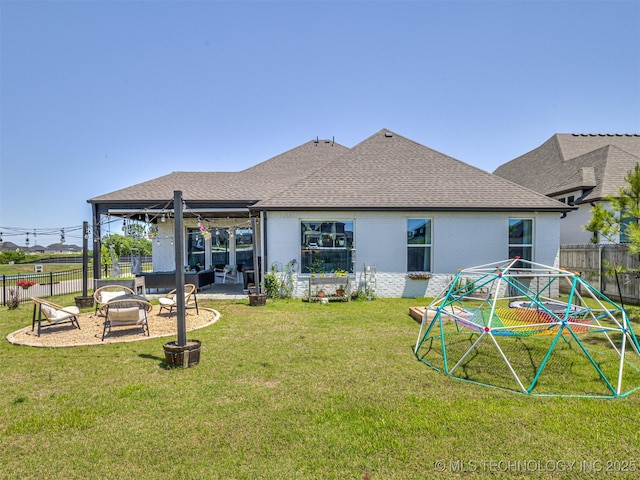 13606 S 21st Pl E, Bixby, OK 74008 - rear view of property featuring brick siding, an outdoor hangout area, a patio area, and a shingled roof