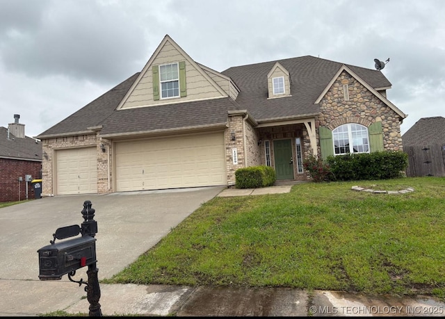 12009 S Umber St S, Jenks, OK 74037 - view of front of home with a front yard, concrete driveway, roof with shingles, brick siding, and an attached garage