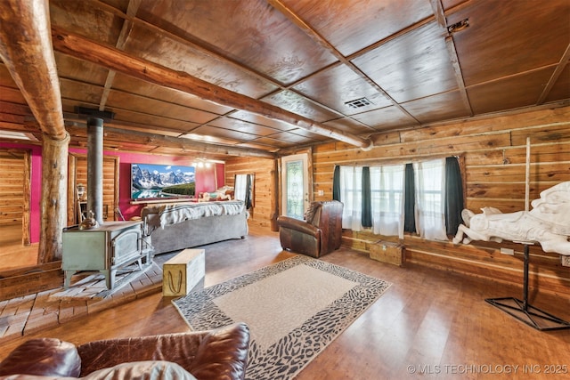 21170 S 270th Rd, Morris, OK 74445 - bedroom with wood ceiling, a wood stove, wood walls, and wood finished floors