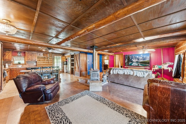21170 S 270th Rd, Morris, OK 74445 - living room with wooden ceiling, a wood stove, ceiling fan, and wood finished floors