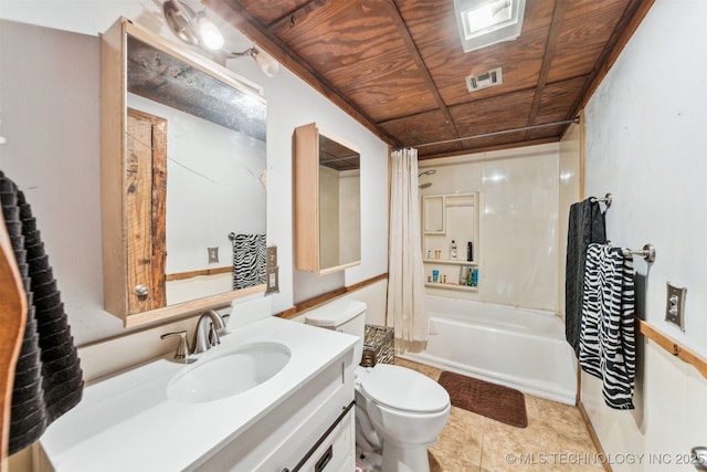 21170 S 270th Rd, Morris, OK 74445 - full bathroom with wood ceiling, toilet, vanity, shower / bath combination with curtain, and tile patterned floors