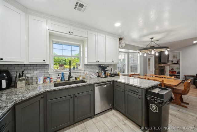 kitchen with a sink, stainless steel dishwasher, a peninsula, and backsplash