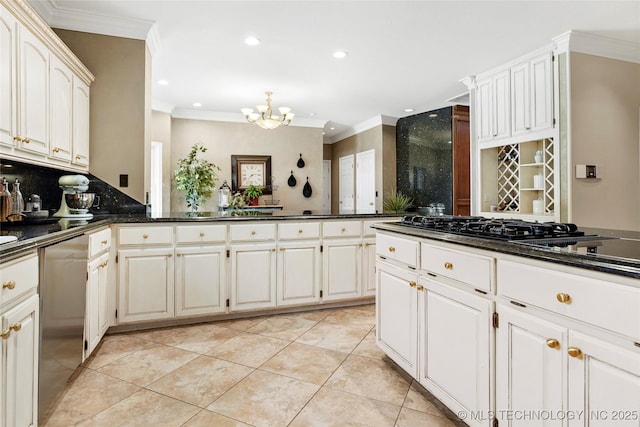 10105 S 72nd E Ave, Tulsa, OK 74133 - kitchen with a chandelier, ornamental molding, dishwasher, recessed lighting, and black gas cooktop