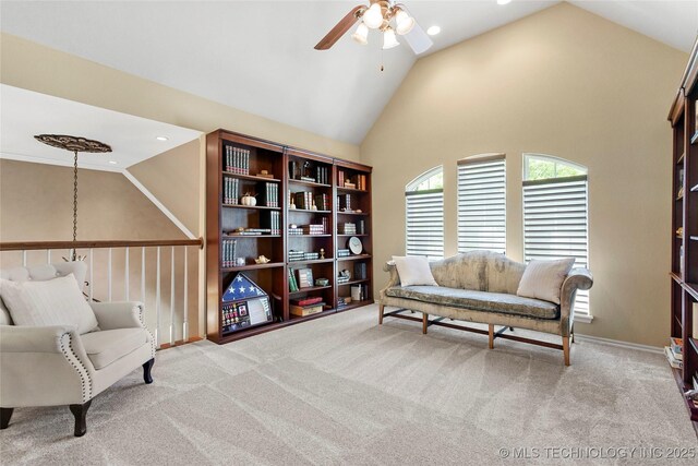 10105 S 72nd E Ave, Tulsa, OK 74133 - living area featuring lofted ceiling, ceiling fan, carpet flooring, and recessed lighting