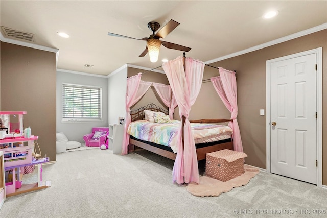 10105 S 72nd E Ave, Tulsa, OK 74133 - bedroom featuring carpet flooring, ornamental molding, a ceiling fan, and recessed lighting