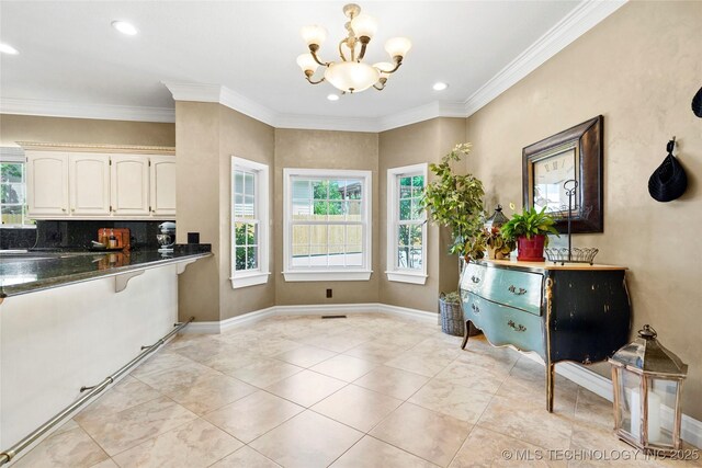10105 S 72nd E Ave, Tulsa, OK 74133 - kitchen with a chandelier, white cabinetry, recessed lighting, ornamental molding, and backsplash
