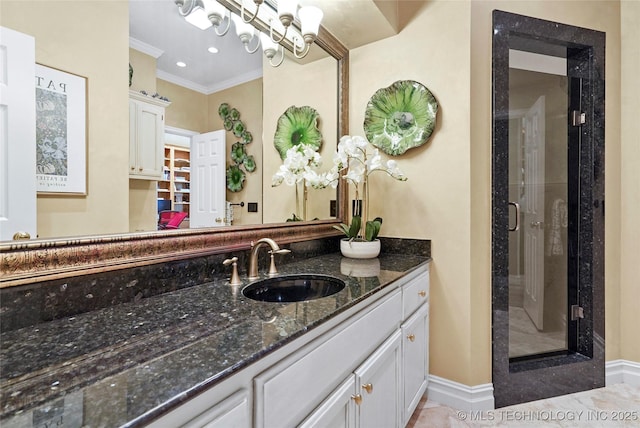 10105 S 72nd E Ave, Tulsa, OK 74133 - full bath featuring ornamental molding, vanity, a stall shower, and baseboards