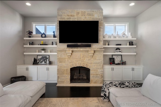 10616 N 81st E Pl, Owasso, OK 74055 - living area featuring a fireplace, wood finished floors, and recessed lighting