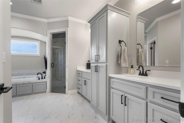 10616 N 81st E Pl, Owasso, OK 74055 - full bathroom with a shower stall, crown molding, vanity, a garden tub, and marble finish floors