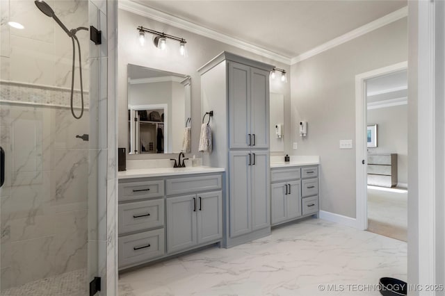 10616 N 81st E Pl, Owasso, OK 74055 - bathroom featuring a marble finish shower, ornamental molding, marble finish floors, and vanity