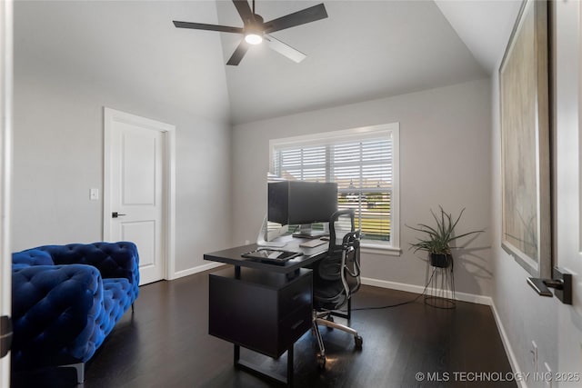 10616 N 81st E Pl, Owasso, OK 74055 - office area with a ceiling fan, vaulted ceiling, dark wood-style flooring, and baseboards