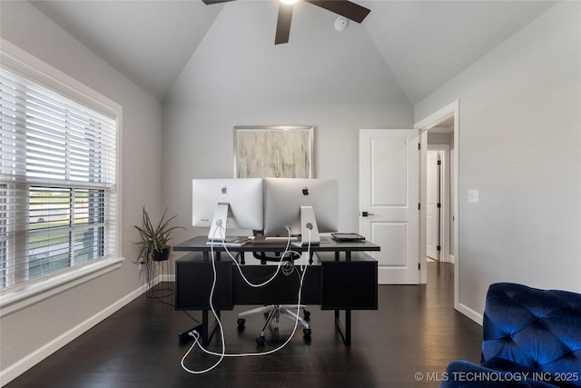 10616 N 81st E Pl, Owasso, OK 74055 - home office featuring ceiling fan, lofted ceiling, wood finished floors, and baseboards
