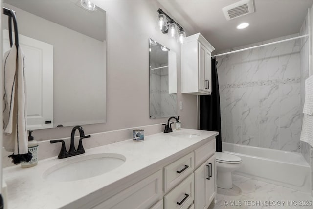 10616 N 81st E Pl, Owasso, OK 74055 - full bathroom featuring marble look tile flooring, toilet, shower / bath combo with shower curtain, and double vanity