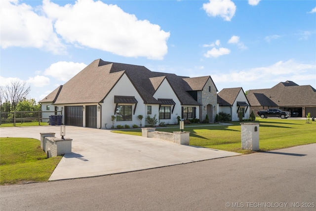 10616 N 81st E Pl, Owasso, OK 74055 - view of front of house with a front lawn, an attached garage, a standing seam roof, concrete driveway, and stone siding