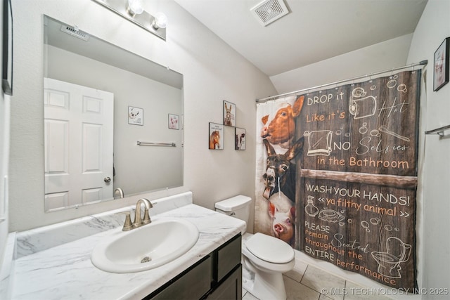full bath featuring vanity, toilet, tile patterned flooring, vaulted ceiling, and a shower with curtain