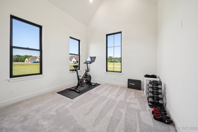8499 S Timber Wolf Dr, Broken Arrow, OK 74014 - exercise area with high vaulted ceiling, baseboards, and carpet floors