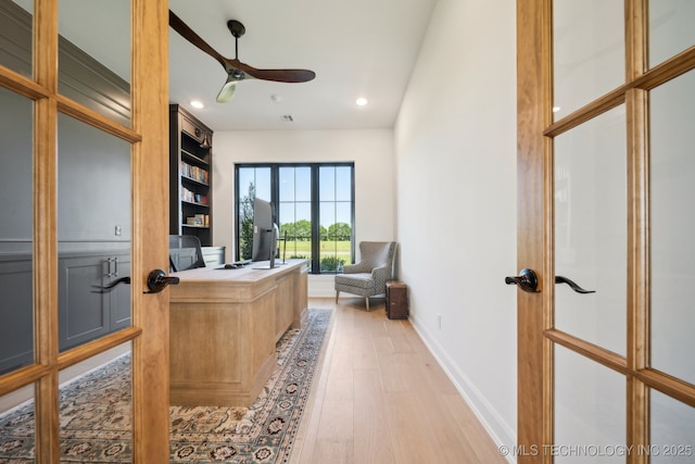 8499 S Timber Wolf Dr, Broken Arrow, OK 74014 - office featuring light wood-style flooring, recessed lighting, baseboards, ceiling fan, and built in features