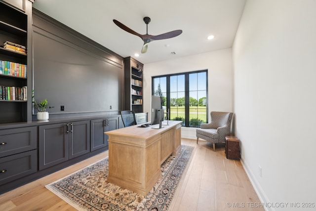8499 S Timber Wolf Dr, Broken Arrow, OK 74014 - office space with ceiling fan, light wood-style flooring, built in features, and recessed lighting