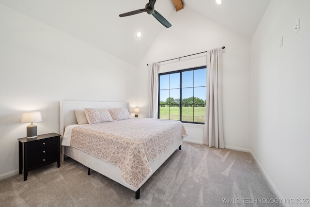 8499 S Timber Wolf Dr, Broken Arrow, OK 74014 - carpeted bedroom featuring baseboards, recessed lighting, high vaulted ceiling, ceiling fan, and beamed ceiling