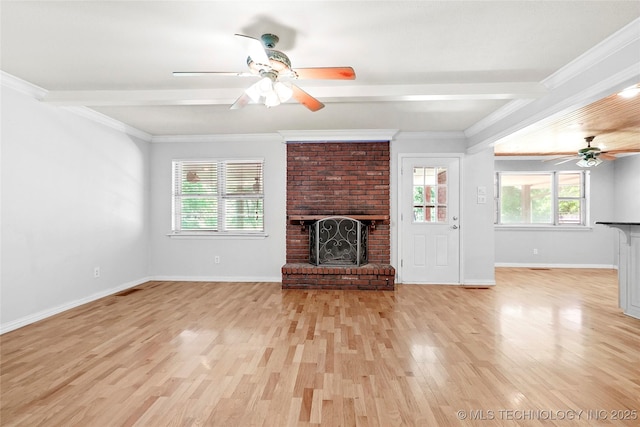 8508 E 123rd St S, Bixby, OK 74008 - unfurnished living room featuring ceiling fan, a fireplace, light wood-style flooring, beamed ceiling, and baseboards
