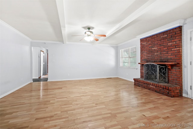8508 E 123rd St S, Bixby, OK 74008 - unfurnished living room featuring a ceiling fan, light wood-style floors, a fireplace, beamed ceiling, and baseboards
