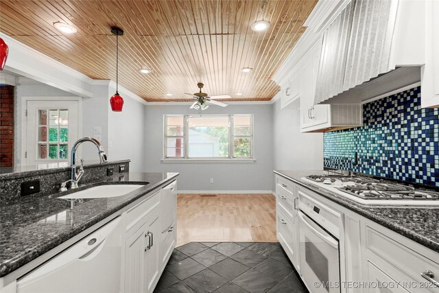 8508 E 123rd St S, Bixby, OK 74008 - kitchen featuring white appliances, a sink, ornamental molding, white cabinetry, and wood ceiling