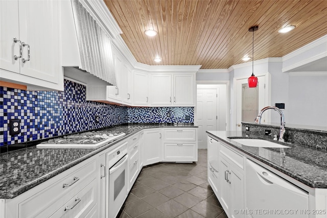 8508 E 123rd St S, Bixby, OK 74008 - kitchen with a sink, white appliances, wooden ceiling, ornamental molding, and wall chimney exhaust hood