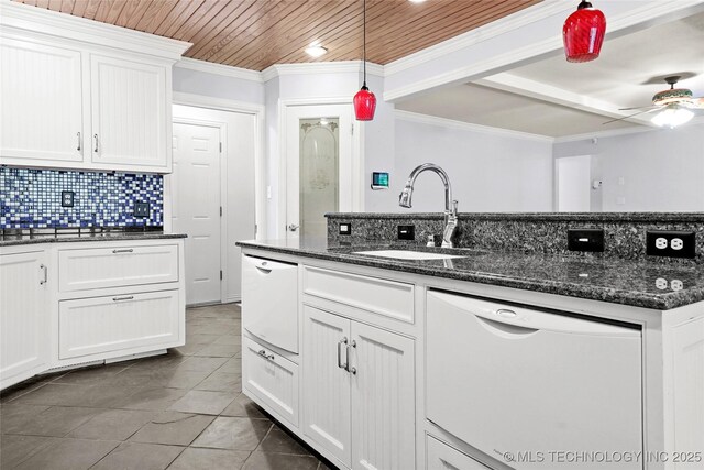 8508 E 123rd St S, Bixby, OK 74008 - kitchen featuring dishwasher, a sink, ornamental molding, tile patterned flooring, and a ceiling fan