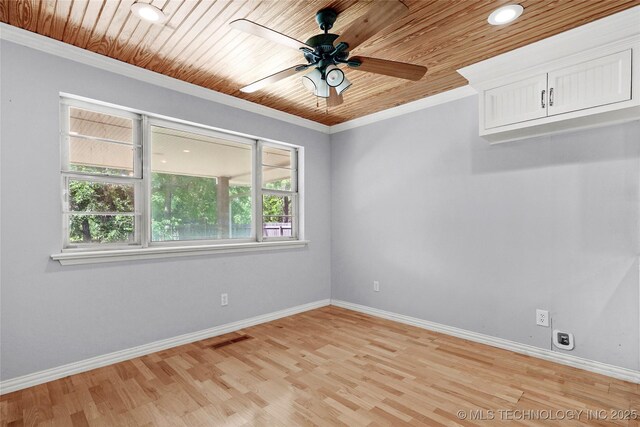 8508 E 123rd St S, Bixby, OK 74008 - unfurnished room with baseboards, a ceiling fan, wood ceiling, light wood-style floors, and ornamental molding