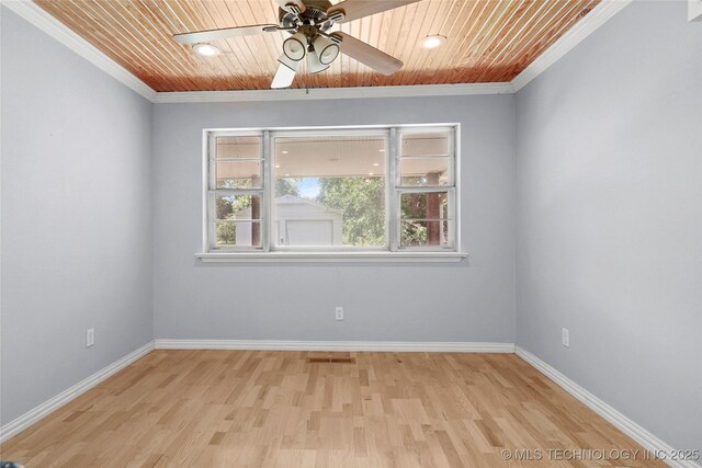 8508 E 123rd St S, Bixby, OK 74008 - spare room with ornamental molding, ceiling fan, wood ceiling, light wood-style flooring, and baseboards