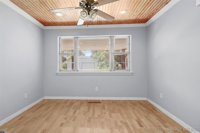 8508 E 123rd St S, Bixby, OK 74008 - spare room featuring crown molding, ceiling fan, wooden ceiling, and light wood-type flooring