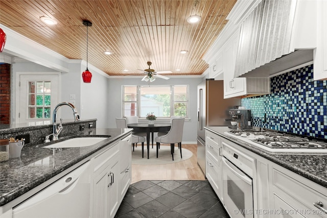 8508 E 123rd St S, Bixby, OK 74008 - kitchen featuring white appliances, white cabinets, crown molding, a ceiling fan, and wooden ceiling