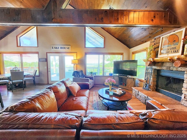 35824 S Talon Dr, Cookson, OK 74427 - living room featuring wood ceiling, wood finished floors, high vaulted ceiling, and a fireplace