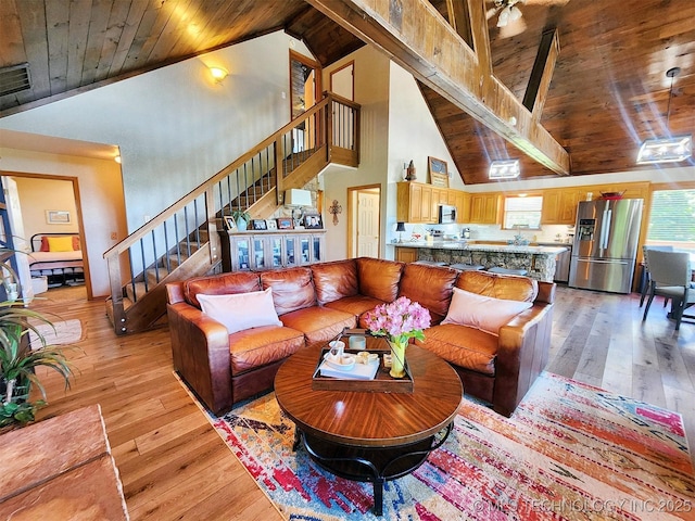 35824 S Talon Dr, Cookson, OK 74427 - living room featuring wood ceiling, stairway, high vaulted ceiling, and light wood-style flooring
