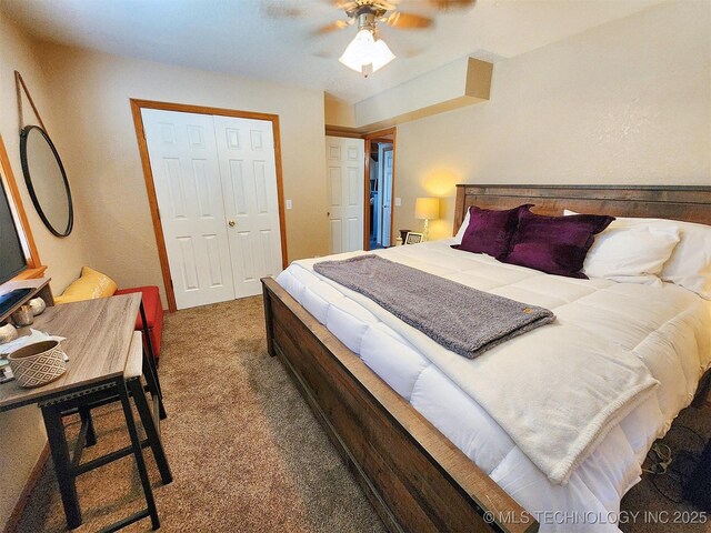 35824 S Talon Dr, Cookson, OK 74427 - bedroom with carpet, a ceiling fan, and a closet