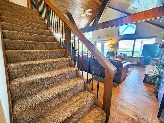 35824 S Talon Dr, Cookson, OK 74427 - stairway featuring hardwood / wood-style flooring, a ceiling fan, high vaulted ceiling, and wooden ceiling