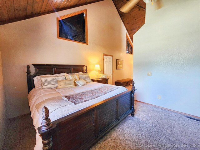 35824 S Talon Dr, Cookson, OK 74427 - bedroom featuring wood ceiling, carpet flooring, baseboards, and lofted ceiling