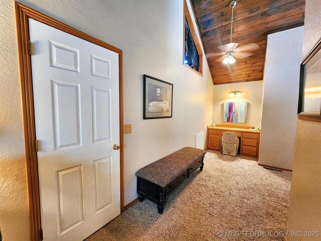 35824 S Talon Dr, Cookson, OK 74427 - hall with light colored carpet, vaulted ceiling, wood ceiling, and baseboards